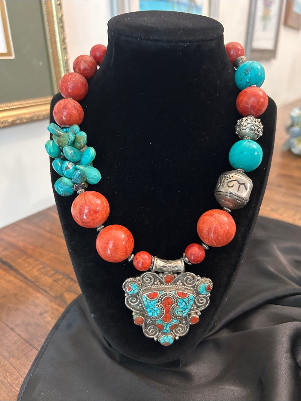 Tibetan Silver Turquoise and Coral Beaded Pendant Necklace -